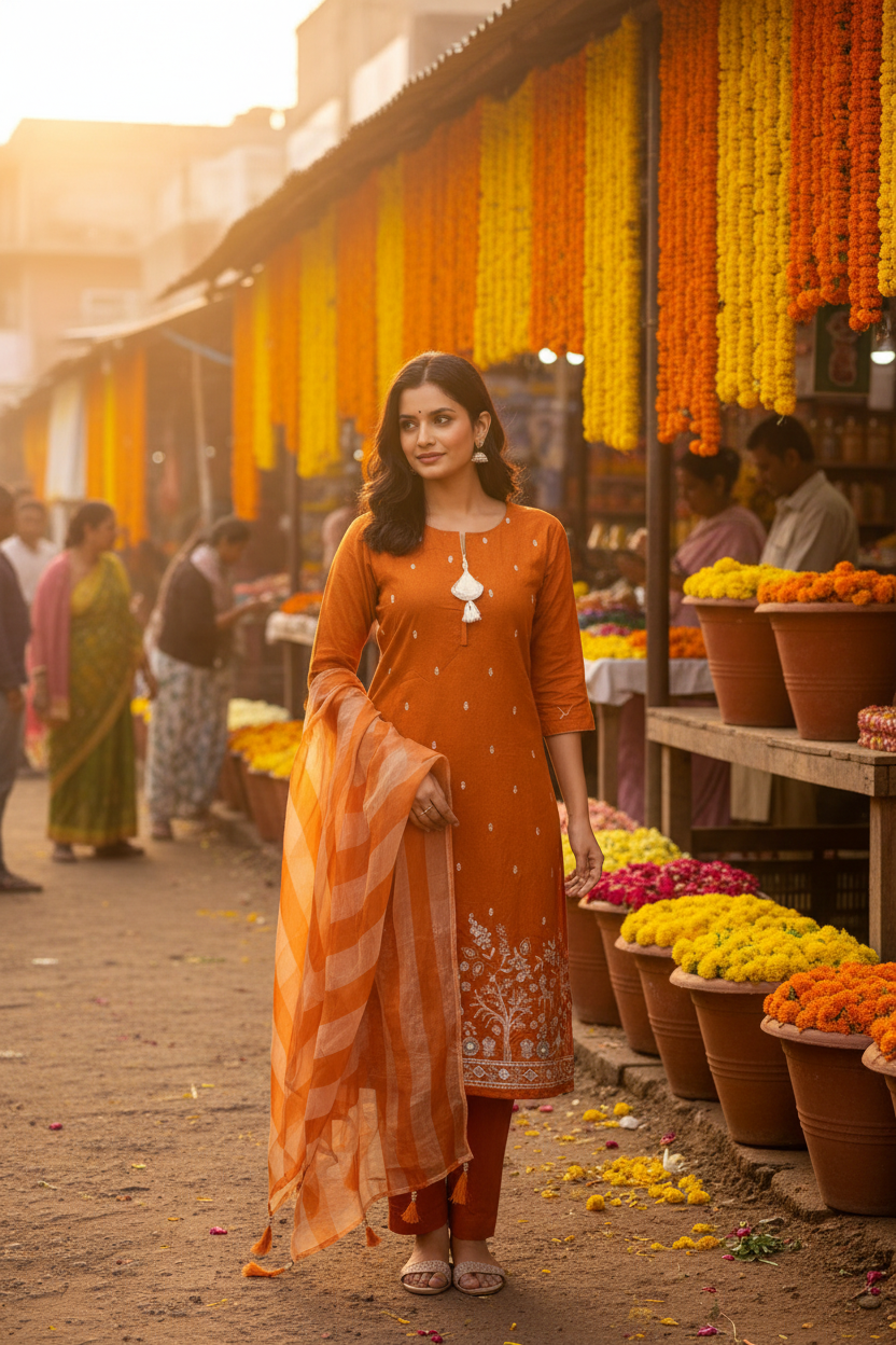 Orange Kurta Set - Flower Market Setting