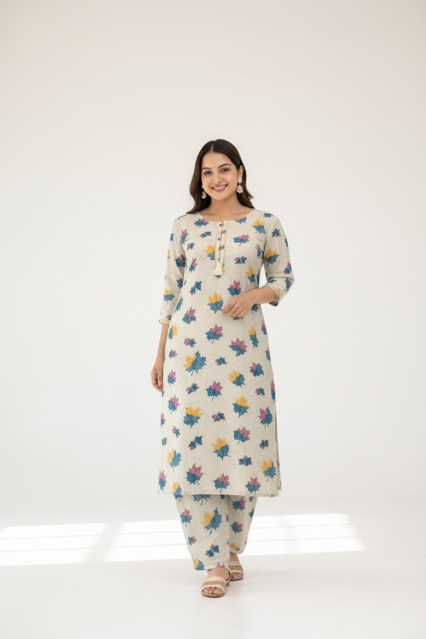 Cream maple leaf kurta set in white minimalist studio