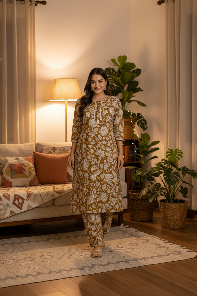 Mustard floral anarkali kurta set in cozy indoor living room setting