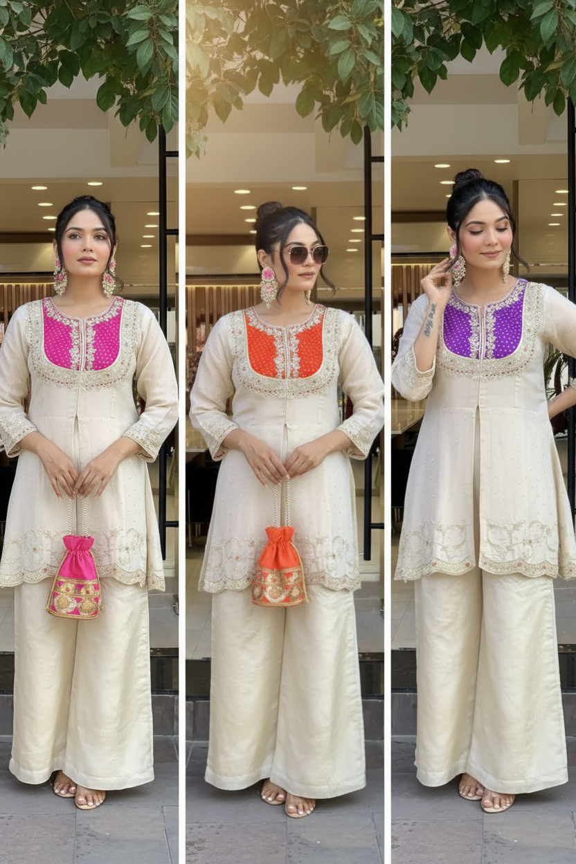 Ivory Kurta Set - Pink Yoke - Garden Setting