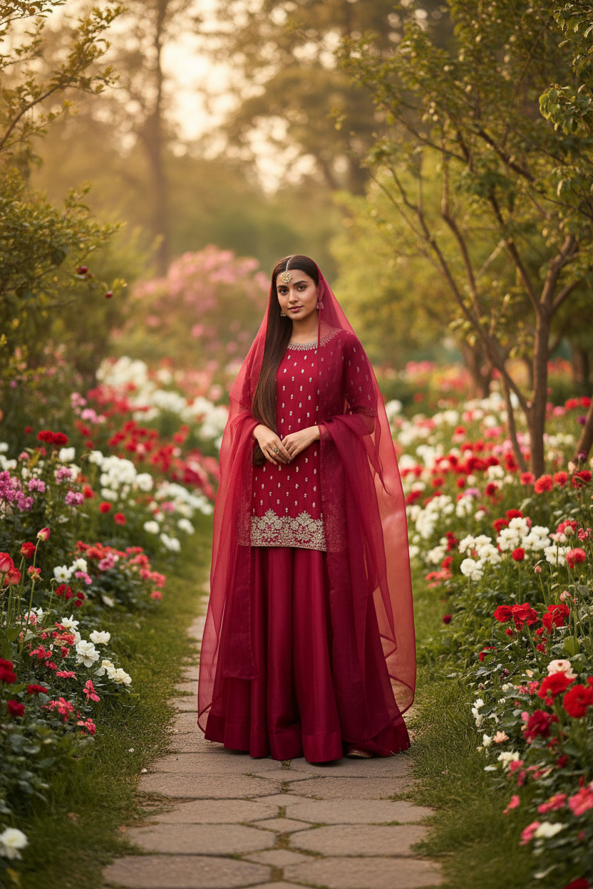 Red embroidered sharara set – garden background