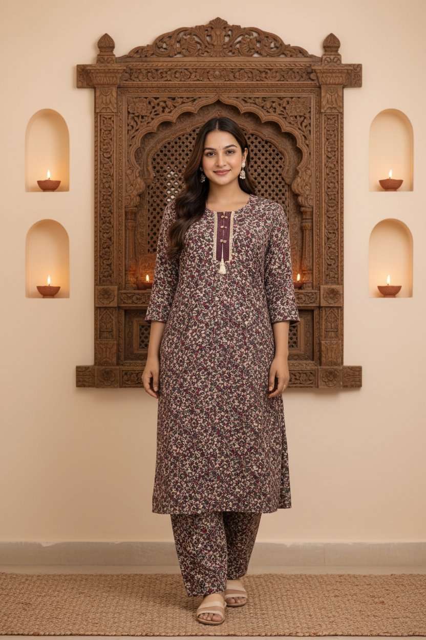 Brown floral kurta set in ethnic home interior with jharokha decor