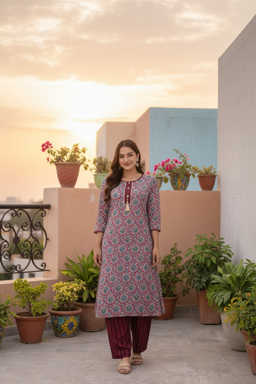 Pink medallion kurta set on outdoor terrace